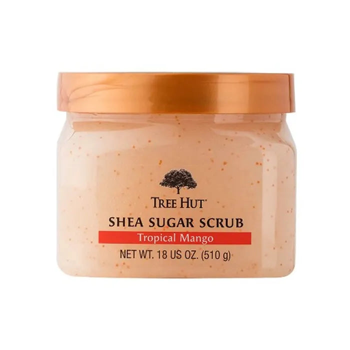 Tree Hut Shea Sugar Scrub Tropical Mango 510g, esfoliante corpo nutriente con profumo di mango tropicale per una pelle morbida e setosa.