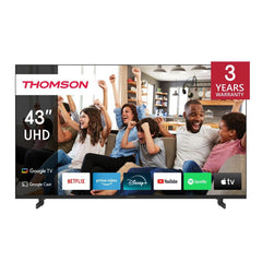 Televisore Thomson Smart TV LED 43 pollici 4K HDR con garanzia 3 anni, compatibile con Google Cast e app come Apple TV e Spotify.