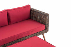 2er Sofa Molde mit Fußhocker Rundrattan braun-meliert 40 cm (Dunkelbraun) - rubinrot