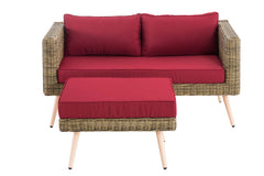 2er Sofa Molde mit Fußhocker Rundrattan natura 45 cm (Hellbraun) - rubinrot