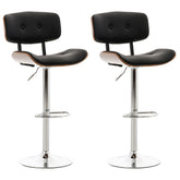 Set di 2 sgabelli da bar Sarnia in legno e similpelle, schienale imbottito, design elegante in walnuss e nero.