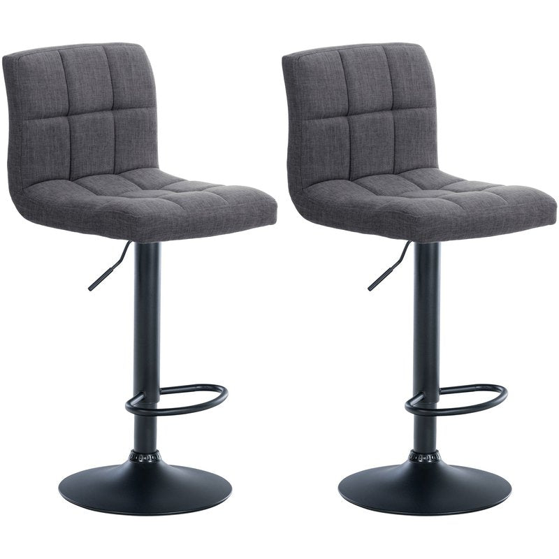 Set di 2 sgabelli da bar Calma in tessuto nero e grigio chiaro, imbottiti e regolabili in altezza per un comfort elegante.