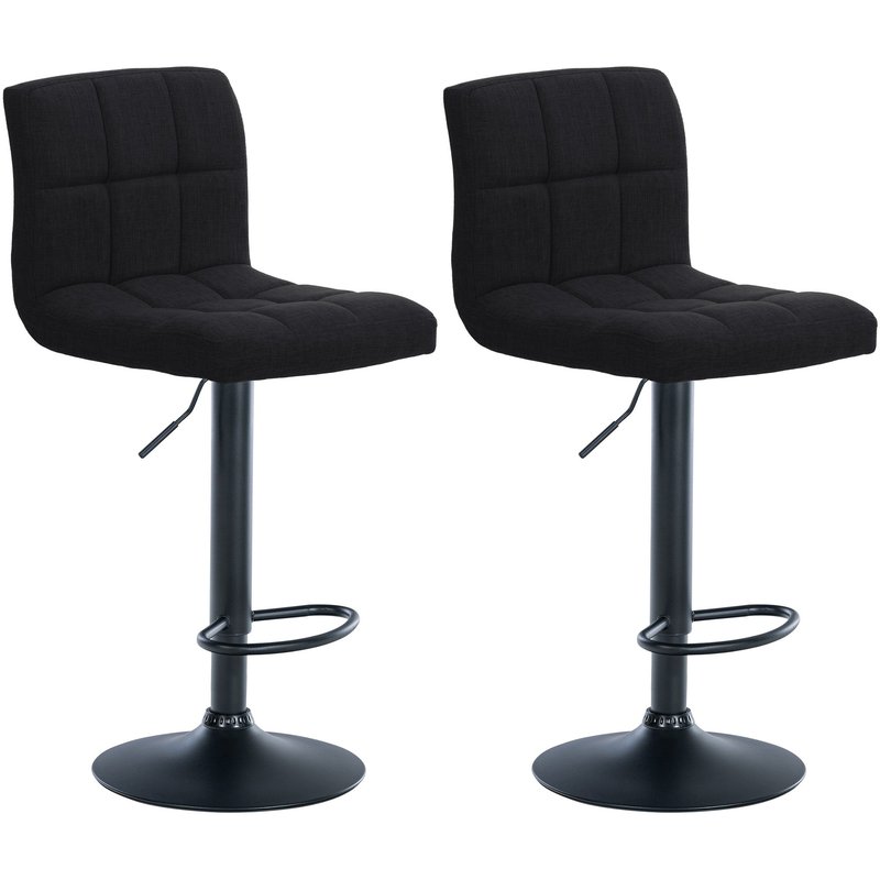 Set di 2 sgabelli da bar Calma in tessuto nero, imbottiti e regolabili, perfetti per ogni ambiente moderno.