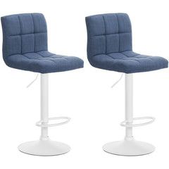 Set di 2 sgabelli da bar Calma in tessuto bianco e blu, imbottiti e regolabili in altezza per un comfort elegante.