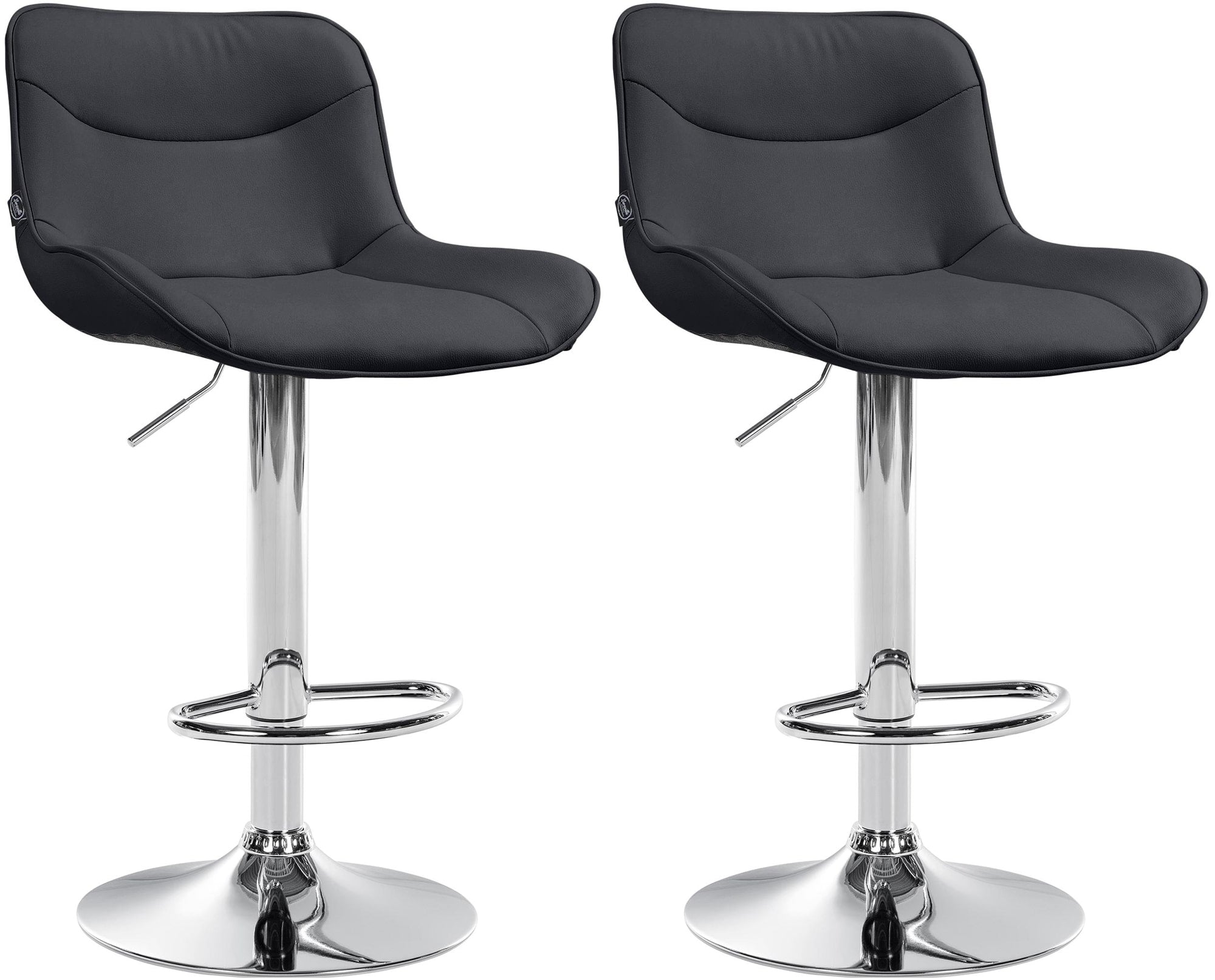 Set di 2 sgabelli da bar Vonore in similpelle nera con base cromata, regolabili in altezza per un design moderno e funzionale.