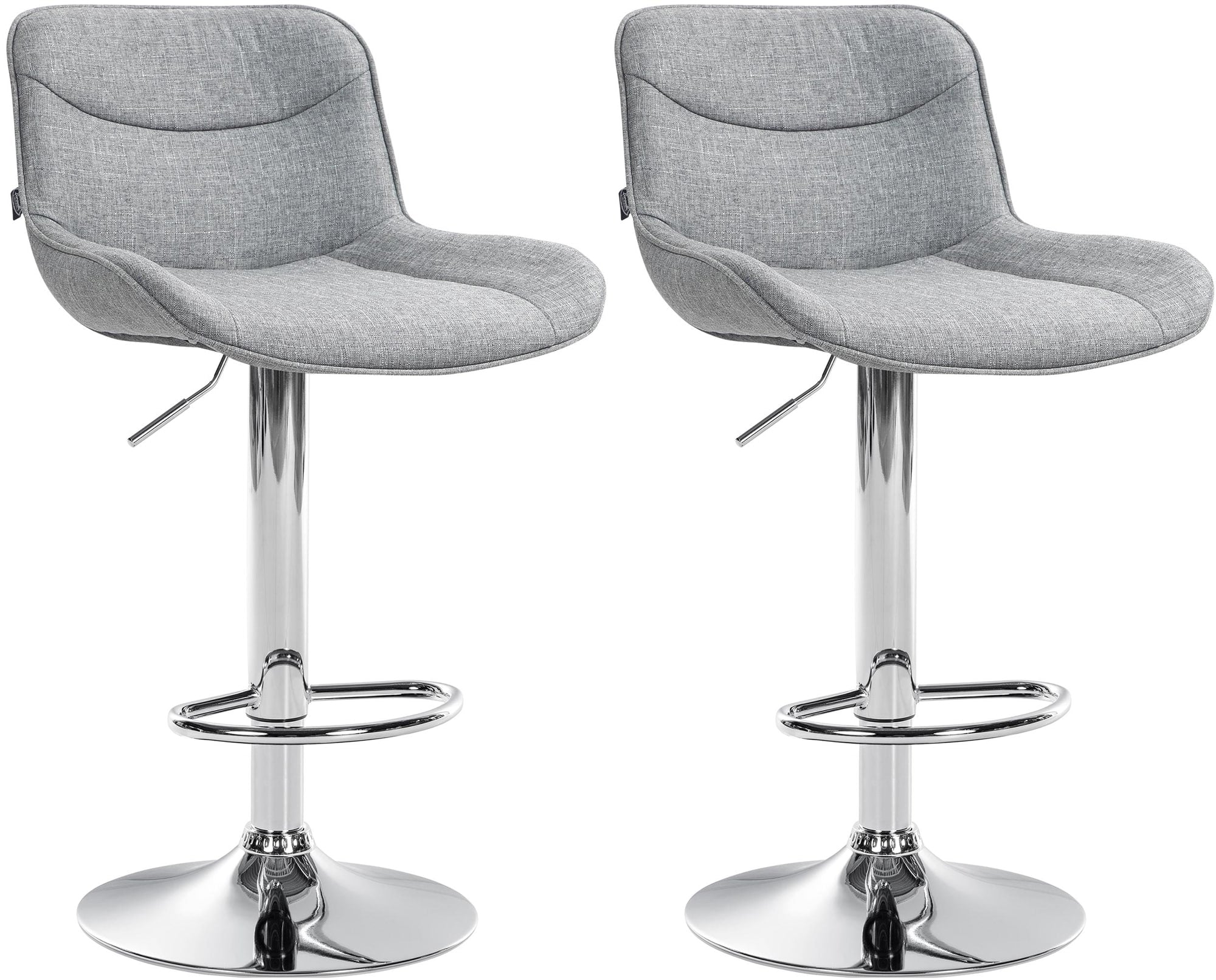 Set di 2 sgabelli da bar Vonore in tessuto grigio con base cromata, regolabili in altezza per un design moderno e funzionale.