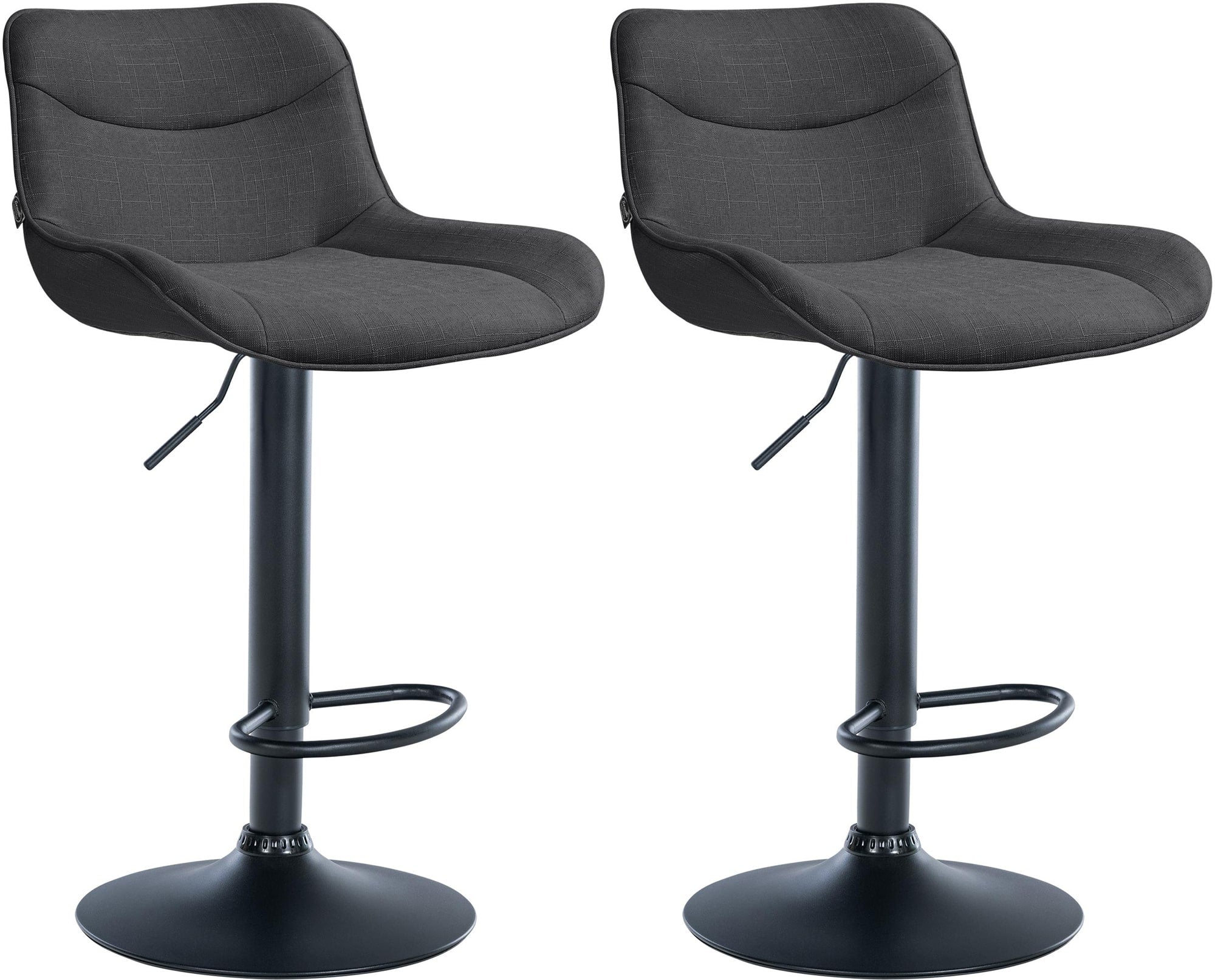 Set di 2 sgabelli da bar regolabili in altezza Vonore, in tessuto nero e grigio scuro, dal design moderno e funzionale.