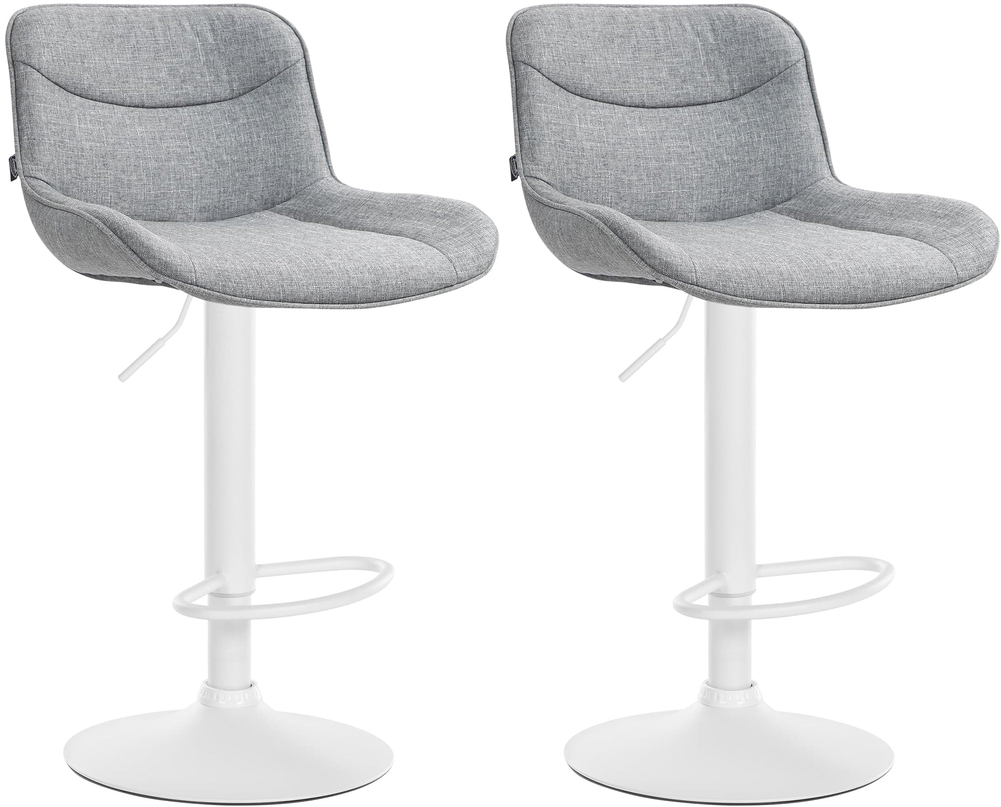 Set di 2 sgabelli da bar Vonore in tessuto grigio, regolabili in altezza, perfetti per un arredamento moderno e funzionale.