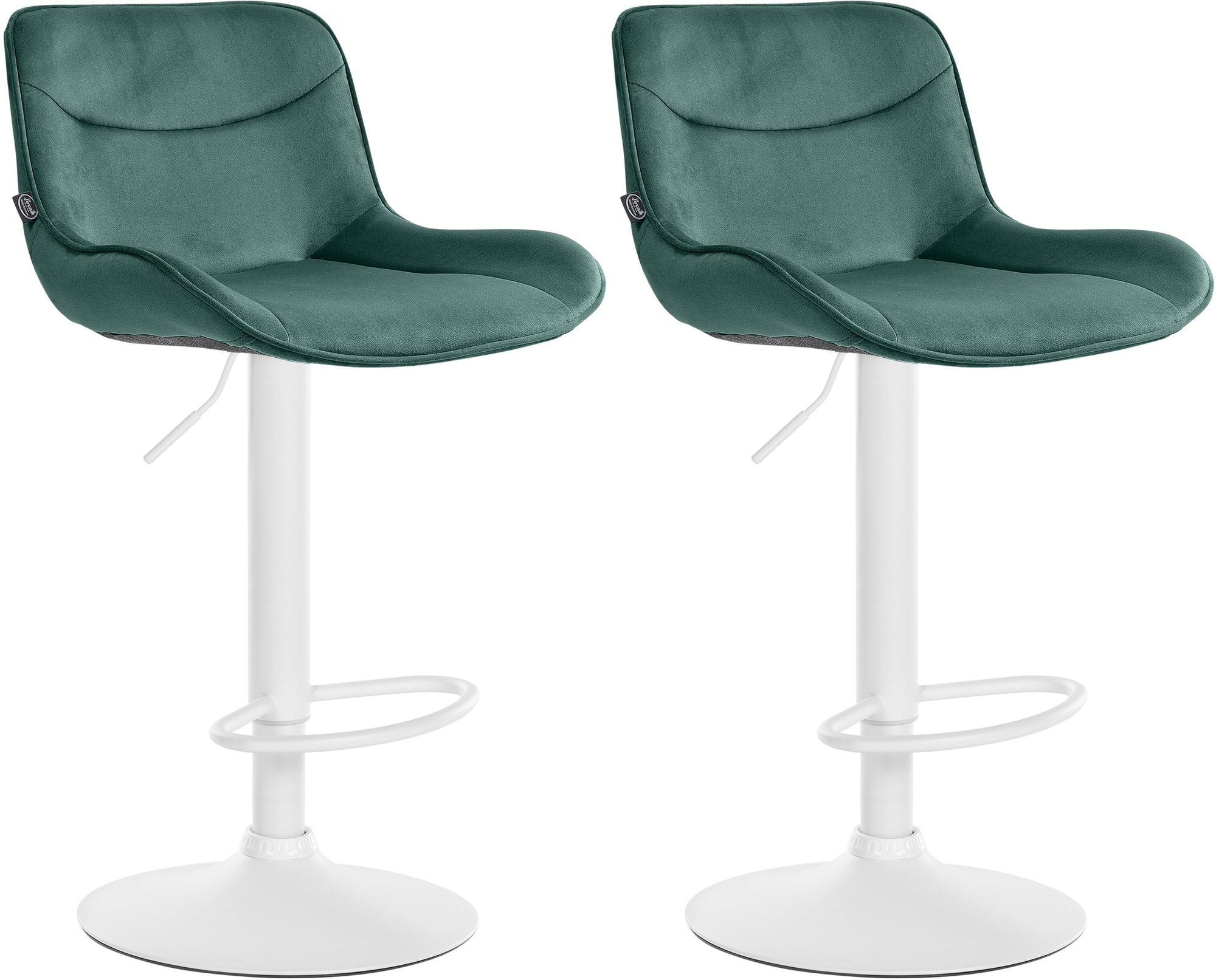 Set di 2 sgabelli da bar Vonore in velluto bianco e verde, regolabili in altezza, design moderno e funzionale.