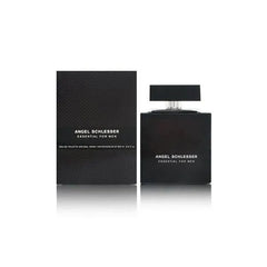 Flacone spray di Eau de Toilette nero di Angel Schlesser, con scatola abbinata e scritte bianche "Essential for Men", affiancati.