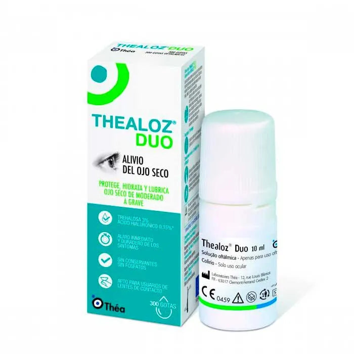 Flacone di Thealoz Duo 10ml per il sollievo dell'occhio secco, prodotto del brand THEA.