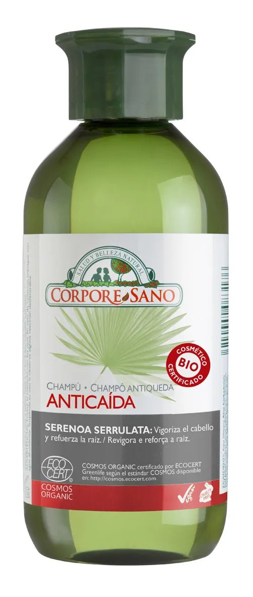 Corpore Champu Anticaida Cosmos Organic 300ml con estratto di Serenoa Serrulata, shampoo biologico rinforzante contro la caduta dei capelli.