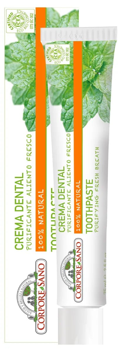 Corpore Crema Dental Purificante 75ml con formula 100% naturale, ideale per igiene orale quotidiana e alito fresco a lunga durata.