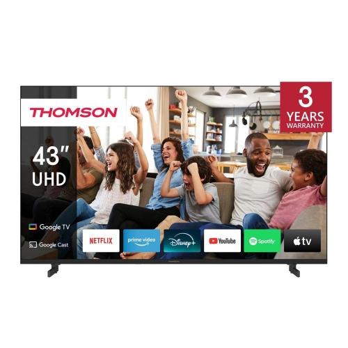 Vista frontale del Thomson Smart TV LED 43'' 4K HDR con risoluzione UHD e supporto HDR10, perfetto per un'esperienza visiva immersiva.