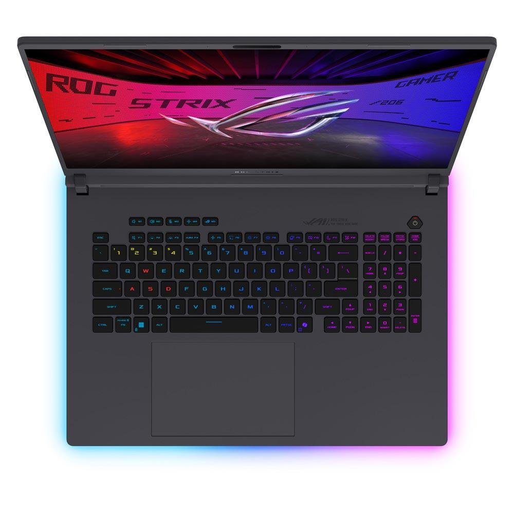 Vista dall'alto del laptop ASUS 13673 - ASUS 90NR0LC1-M00380 con tastiera retroilluminata RGB, ideale per componenti elettronici e gaming.