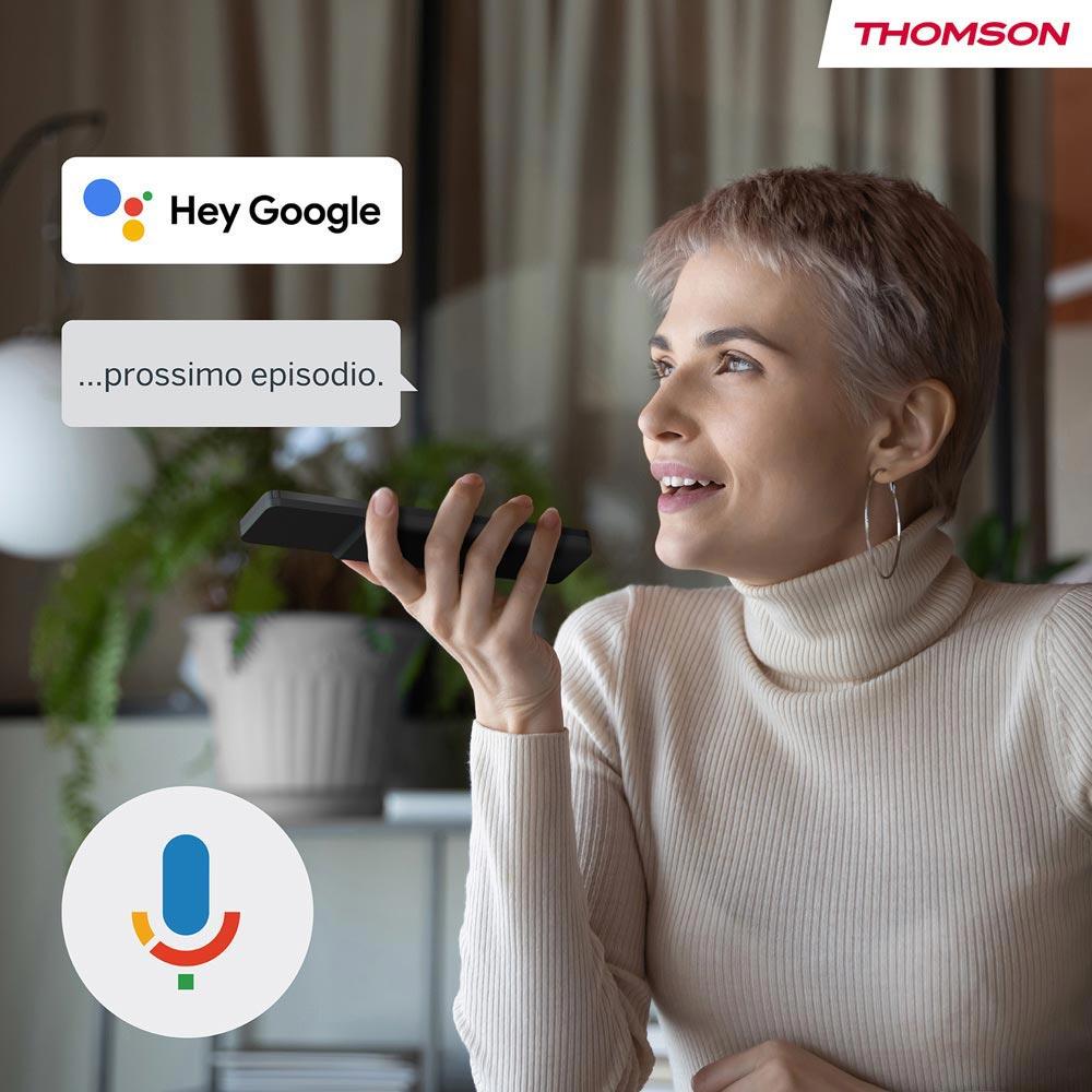 Controllo vocale con Google Assistant sul THOMSON 65UG4S14 per cambiare canale o avviare episodi tramite comandi vocali intuitivi.