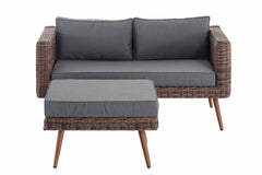 2er Sofa Molde mit Fußhocker Rundrattan braun-meliert 40 cm (Dunkelbraun) - eisengrau