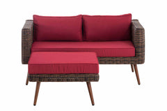 2er Sofa Molde mit Fußhocker Rundrattan braun-meliert 40 cm (Dunkelbraun) - rubinrot