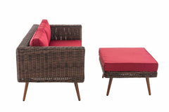 2er Sofa Molde mit Fußhocker Rundrattan braun-meliert 40 cm (Dunkelbraun) - rubinrot