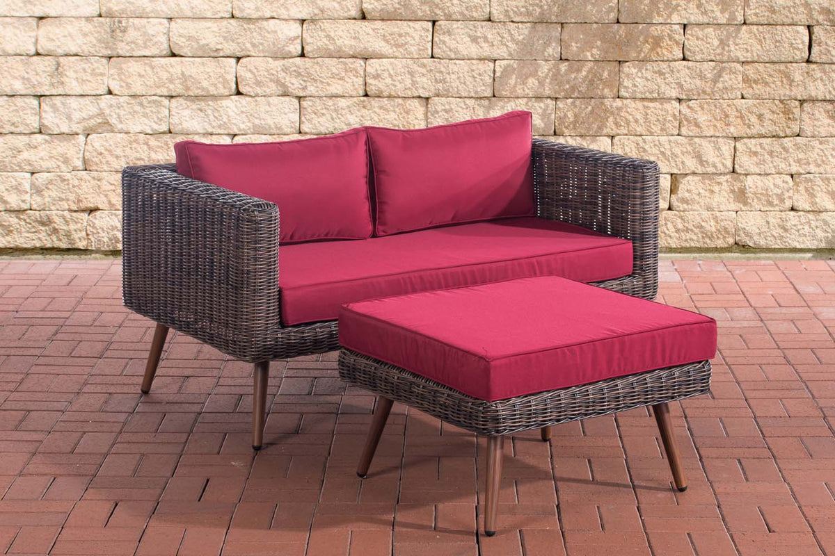 2er Sofa Molde mit Fußhocker Rundrattan braun-meliert 40 cm (Dunkelbraun) - rubinrot