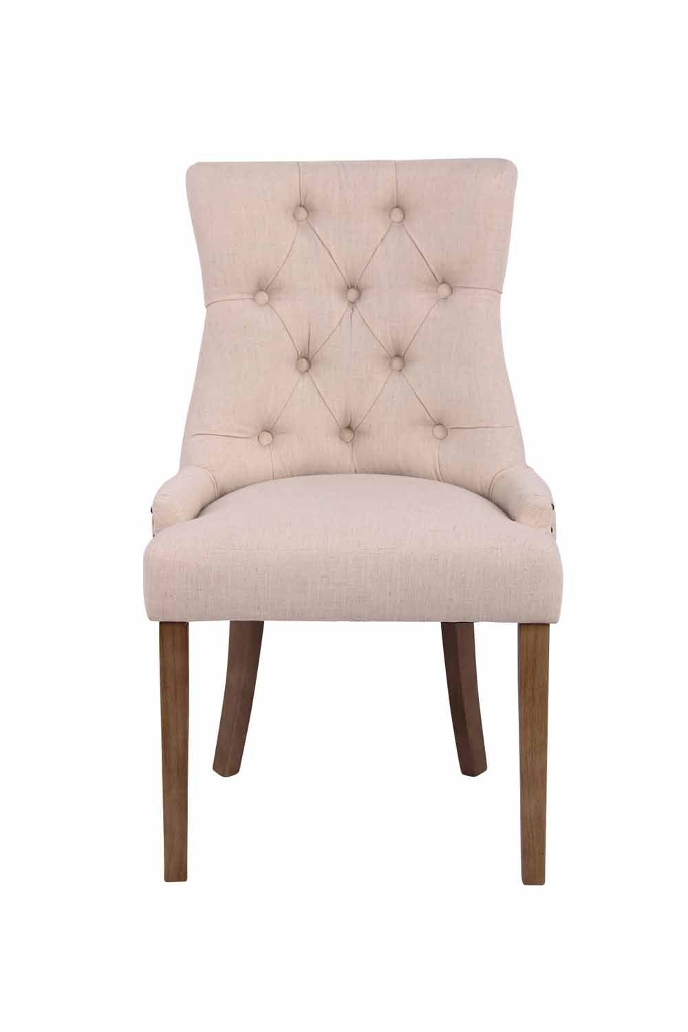 Set di 2 sedie da pranzo Aberdeen in tessuto anticato crema, stile Chesterfield con seduta imbottita e bottoni eleganti.
