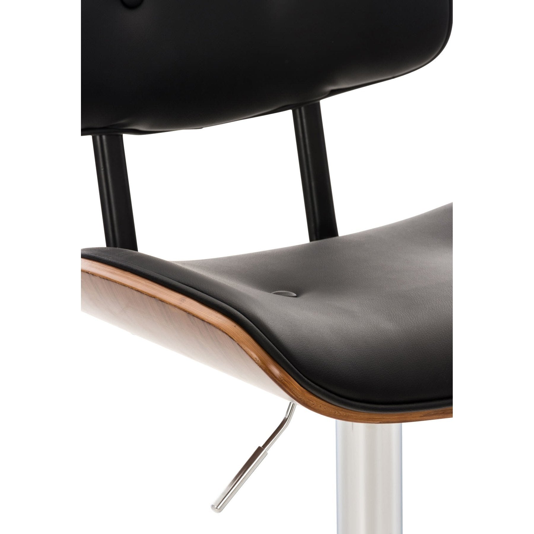 Set di 2 sgabelli da bar Sarnia in legno e similpelle, schienale imbottito, design elegante in walnuss e nero.