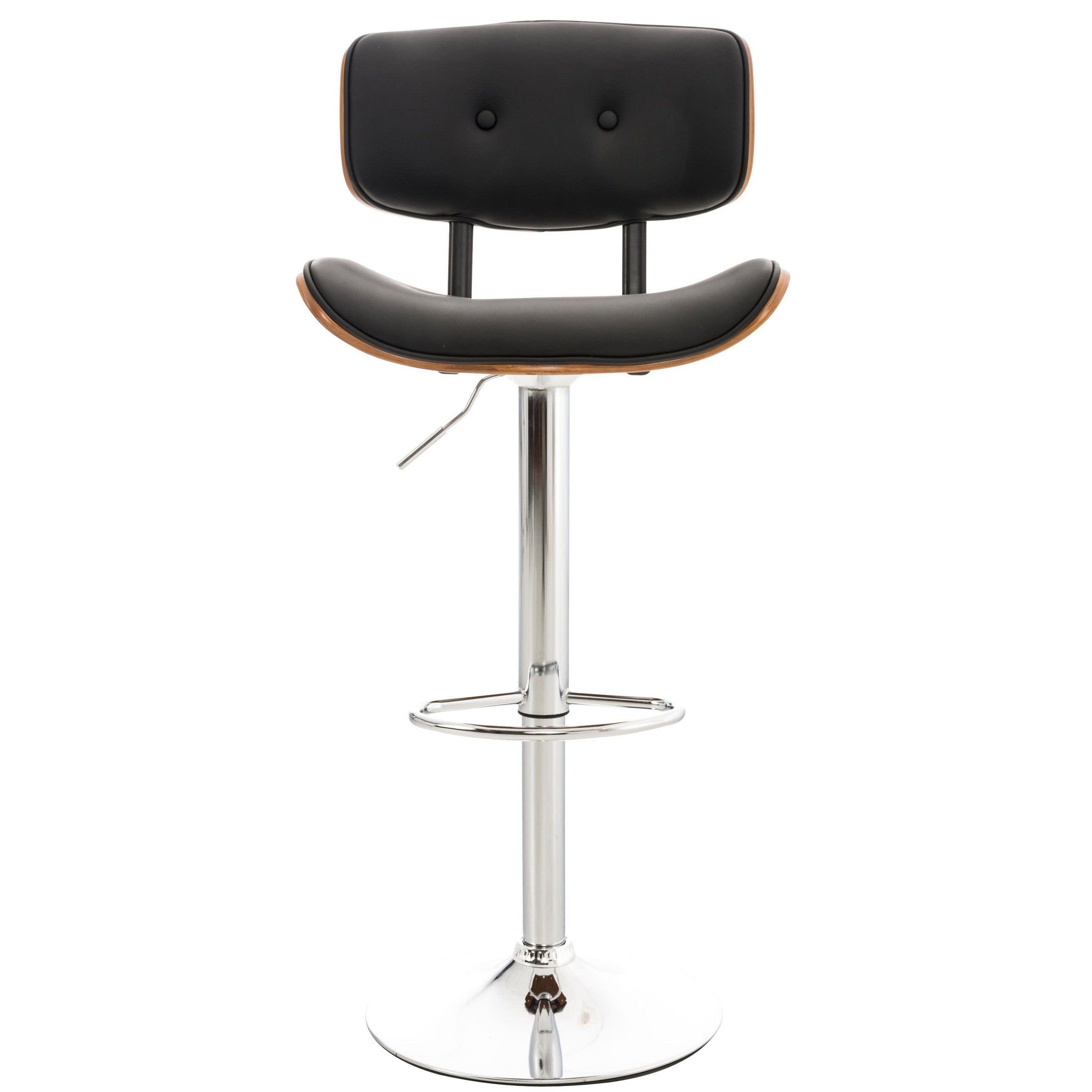 Set di 2 sgabelli da bar Sarnia in legno e similpelle, schienale imbottito, design elegante in walnuss e nero.
