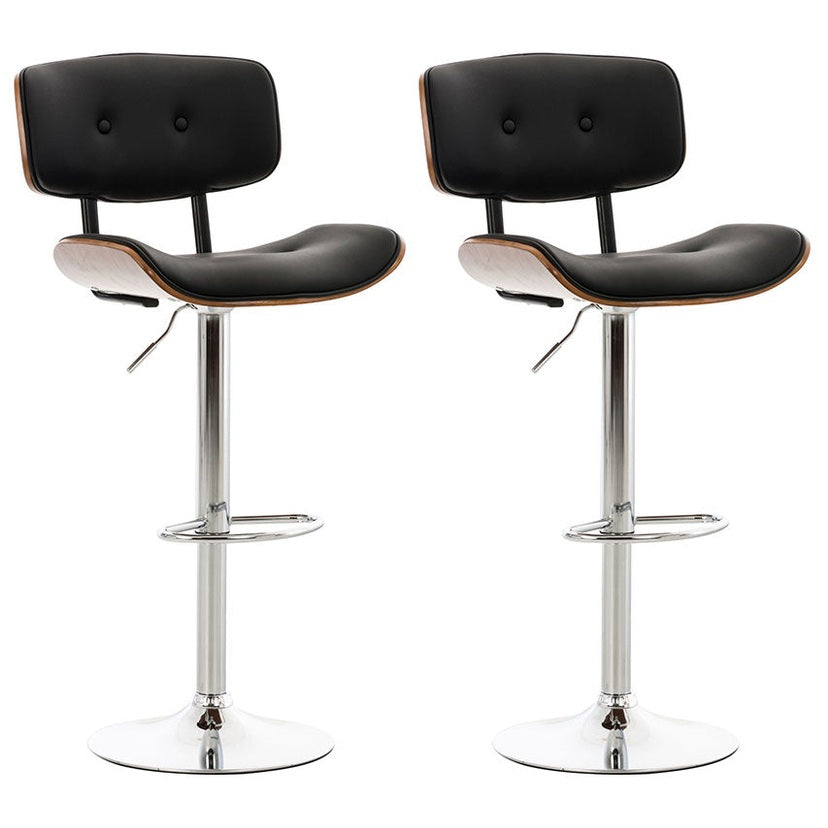 Set di 2 sgabelli da bar Sarnia in legno e similpelle, schienale imbottito, design elegante in walnuss e nero.