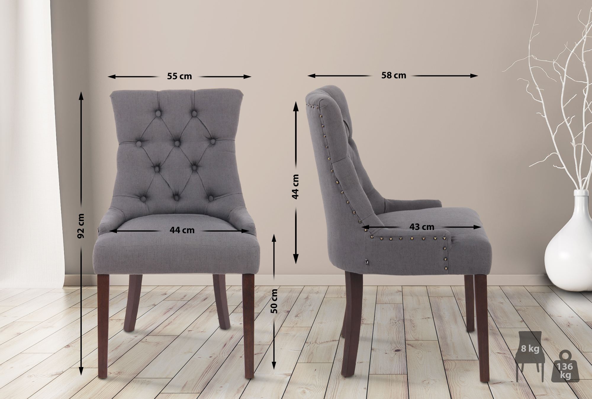 Set di 2 sedie da pranzo Aberdeen in stile Chesterfield, imbottite e trapuntate, colore grigio scuro.
