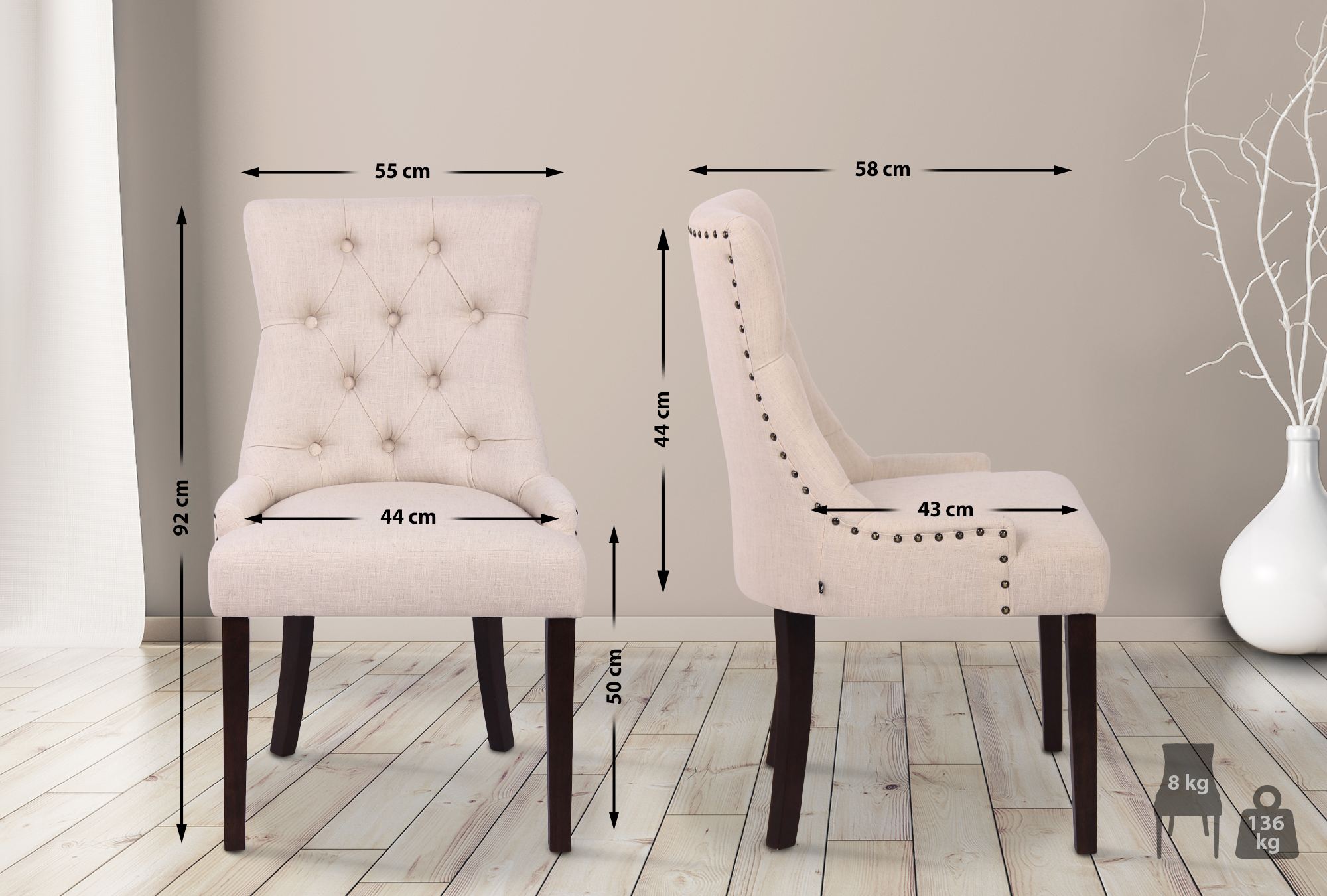 Set di 2 sedie da pranzo Aberdeen in tessuto anticato crema, design Chesterfield con seduta imbottita e bottoni eleganti.
