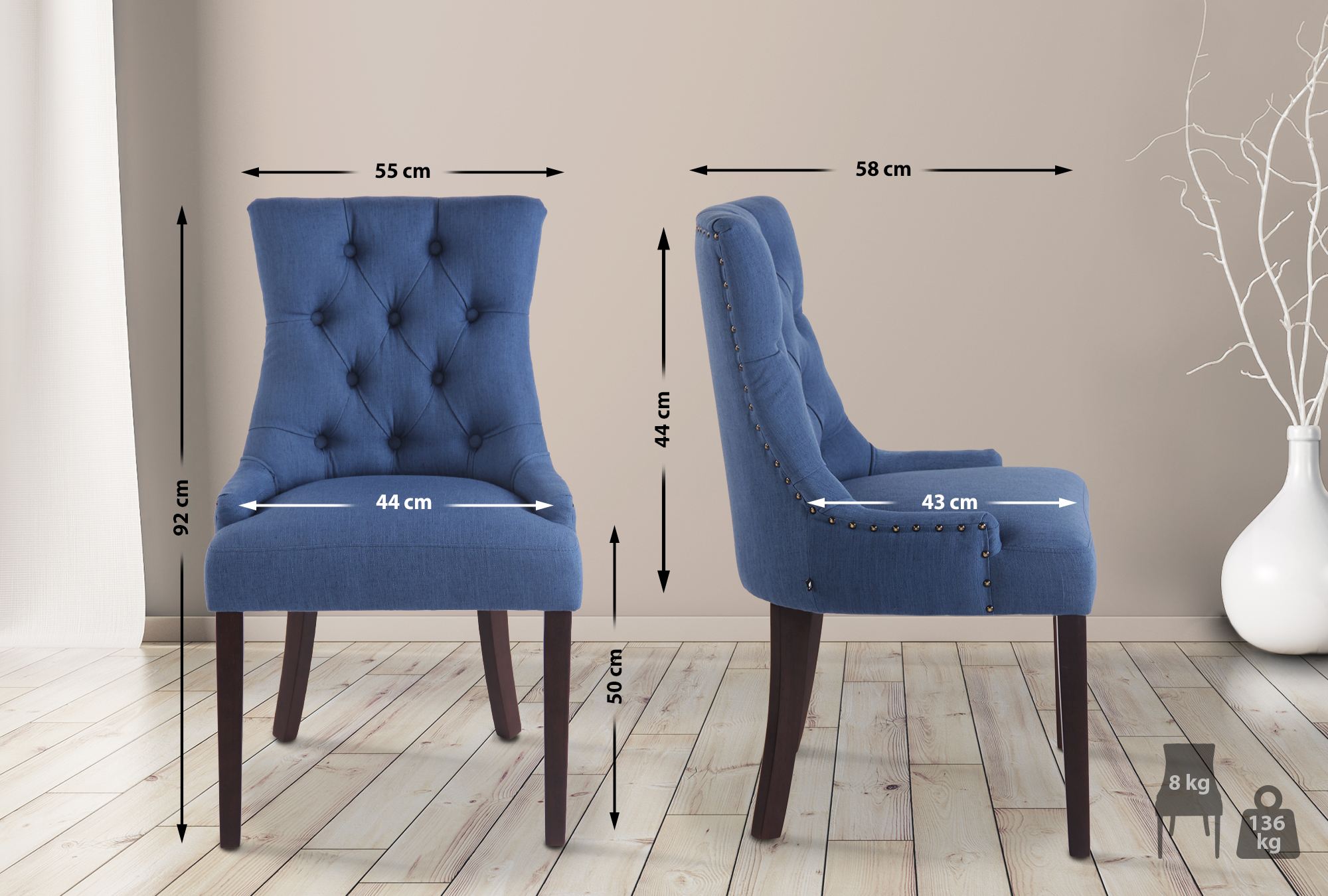 Set di 2 sedie da pranzo Aberdeen in stoffa antica blu, stile Chesterfield con seduta imbottita e bottoni eleganti.