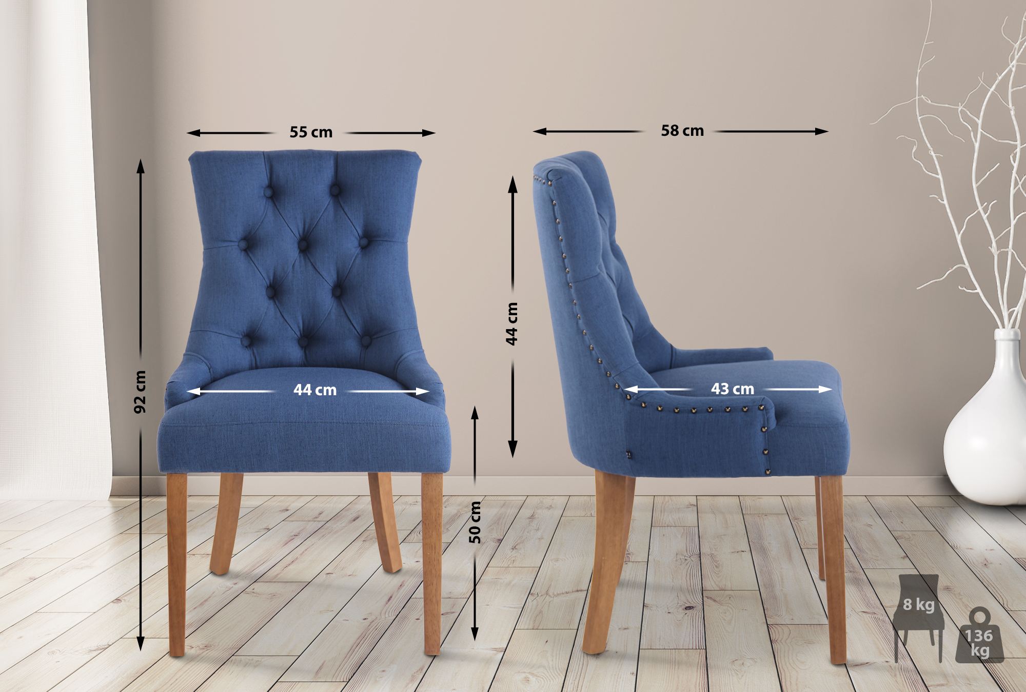 Set di 2 sedie da pranzo Aberdeen in tessuto blu con design Chesterfield e imbottitura trapuntata.