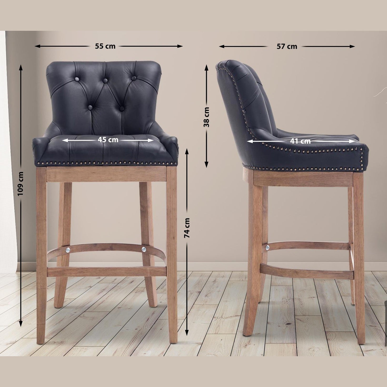 Barhocker Lakewood Echtleder, Antik-hell - schwarz - InfinityMarket