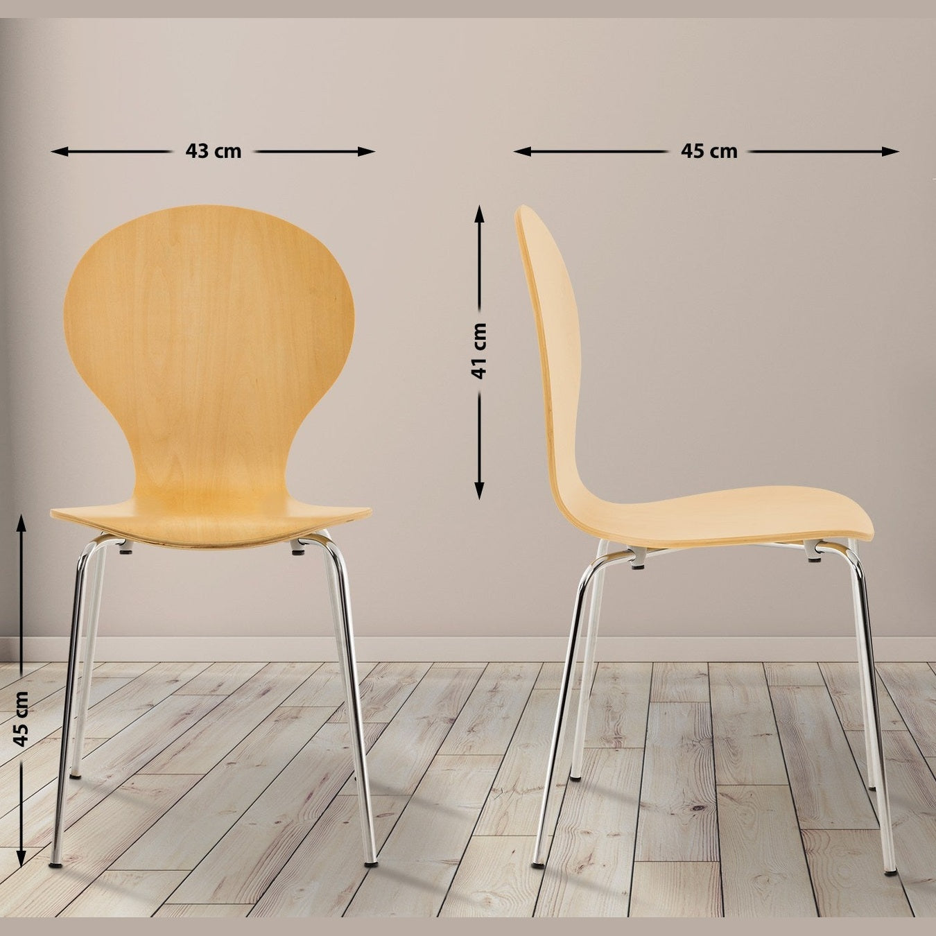Set di 2 sedie impilabili Diego in legno naturale, ideali per riunioni e spazi comuni, design classico e versatile.