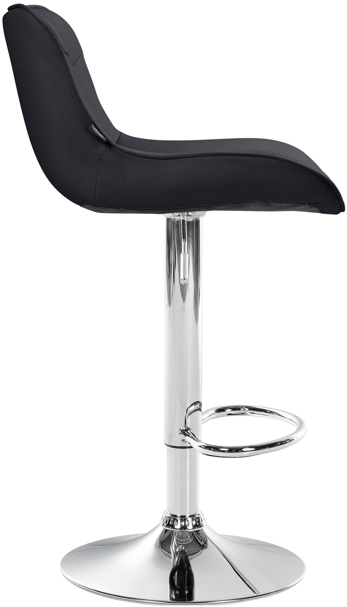Set di 2 sgabelli da bar Vonore in similpelle nera con base cromata, regolabili in altezza per un design moderno e funzionale.