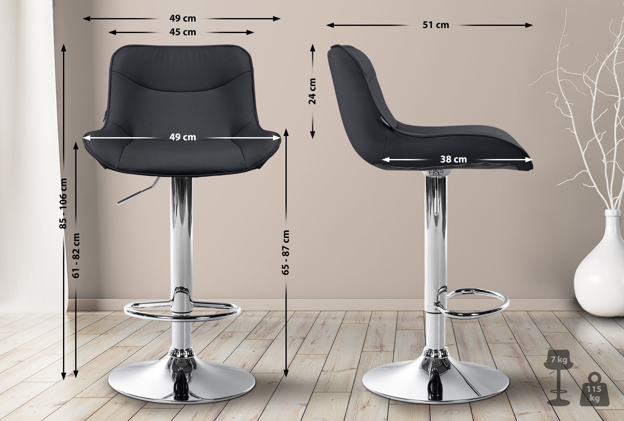 Set di 2 sgabelli da bar Vonore in similpelle nera con base cromata, regolabili in altezza per un design moderno e funzionale.