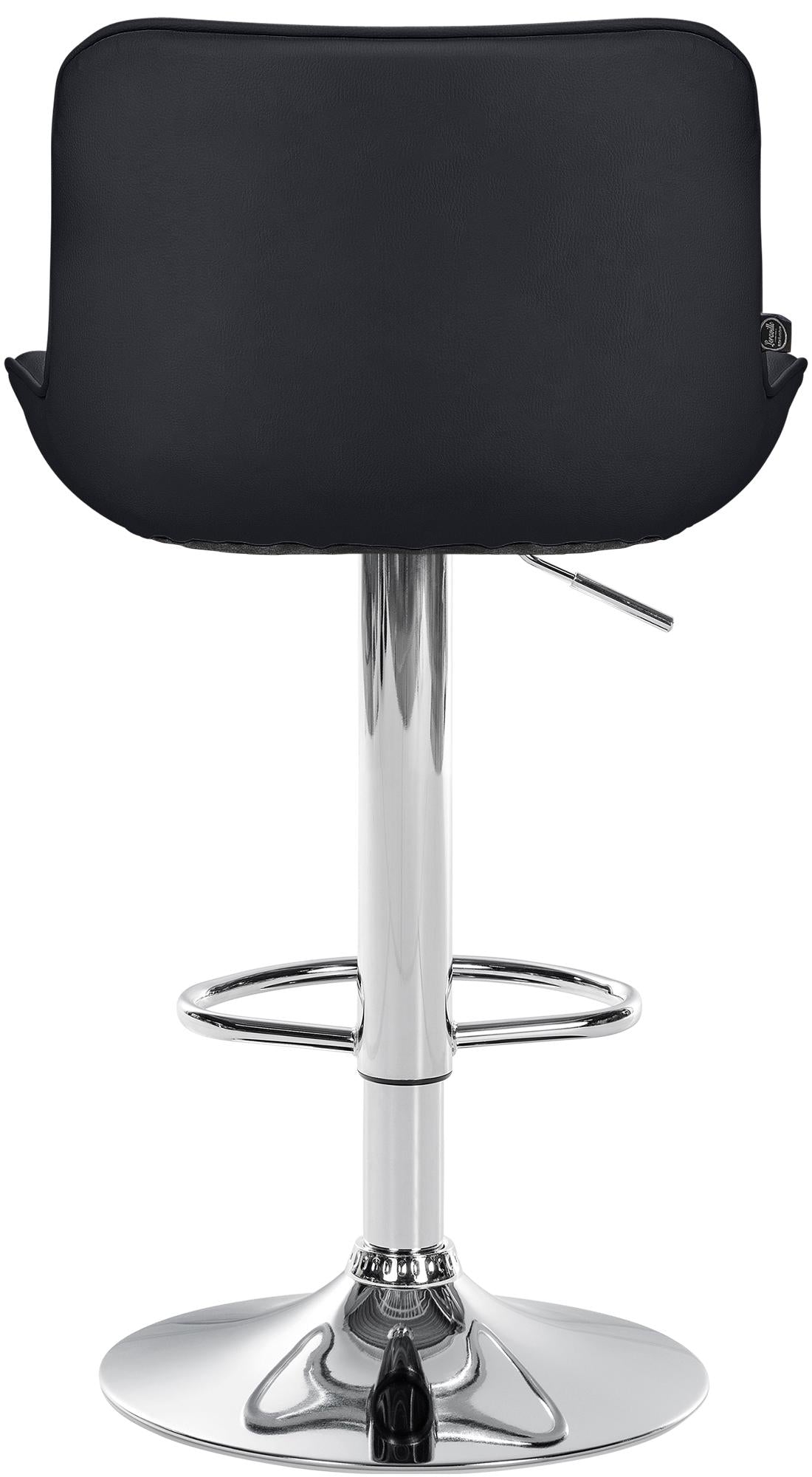 Set di 2 sgabelli da bar Vonore in similpelle nera con base cromata, regolabili in altezza per un design moderno e funzionale.