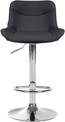 Set di 2 sgabelli da bar Vonore in similpelle nera con base cromata, regolabili in altezza per un design moderno e funzionale.