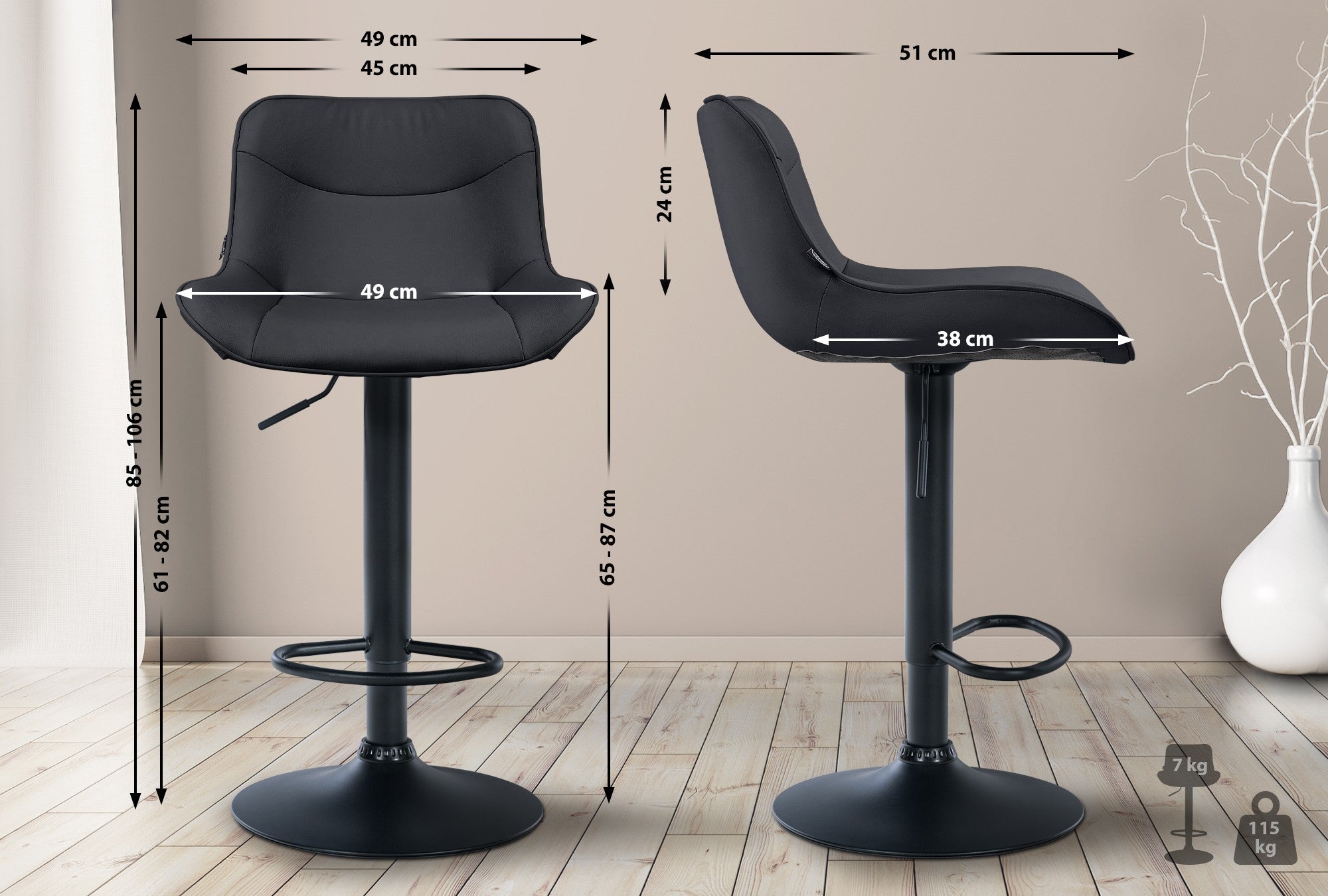 Set di 2 sgabelli da bar Vonore in similpelle nera, regolabili e dal design moderno, ideali per cucina e soggiorno.