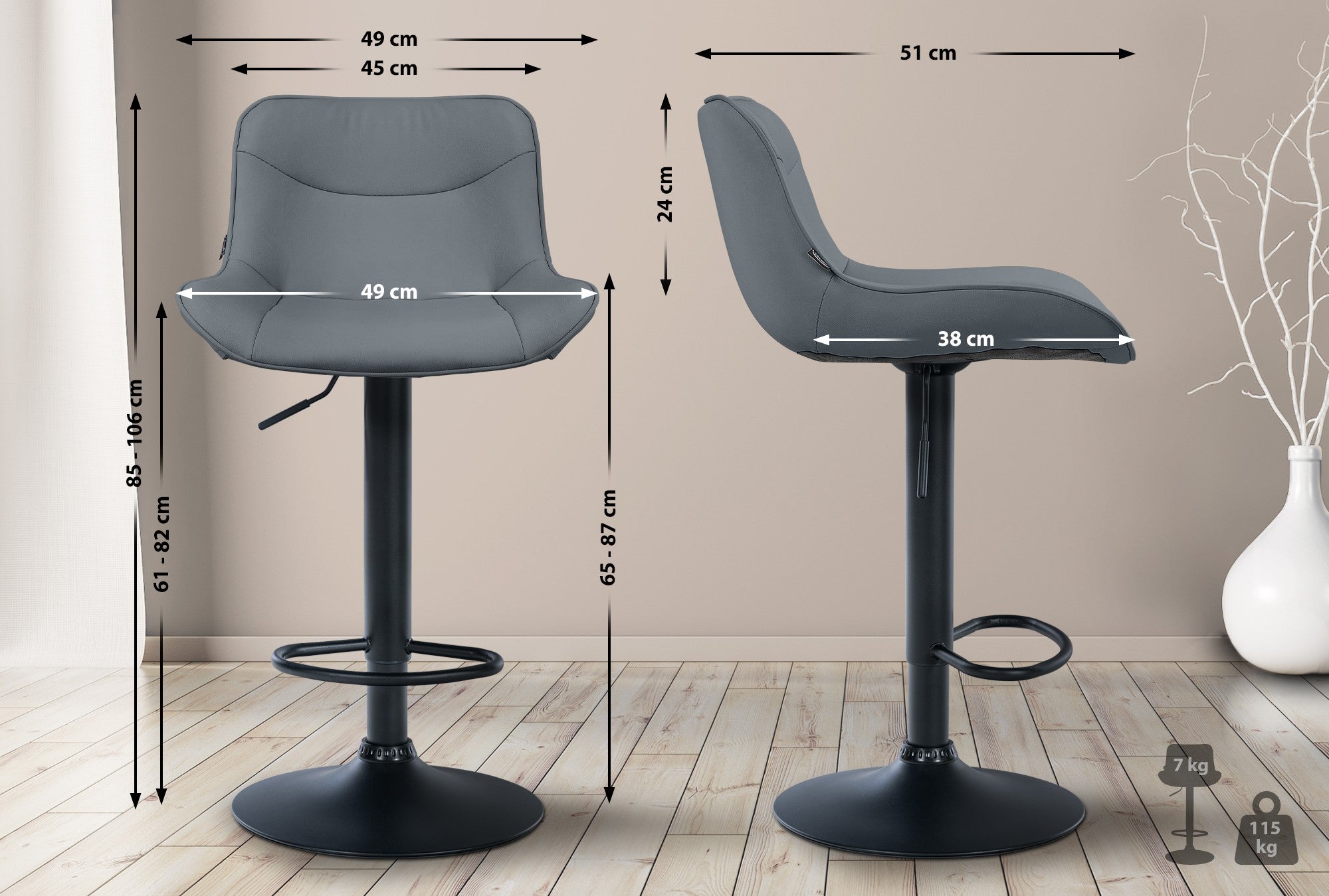 Set di 2 sgabelli da bar Vonore in similpelle nera e grigia, regolabili in altezza, design moderno e funzionale.