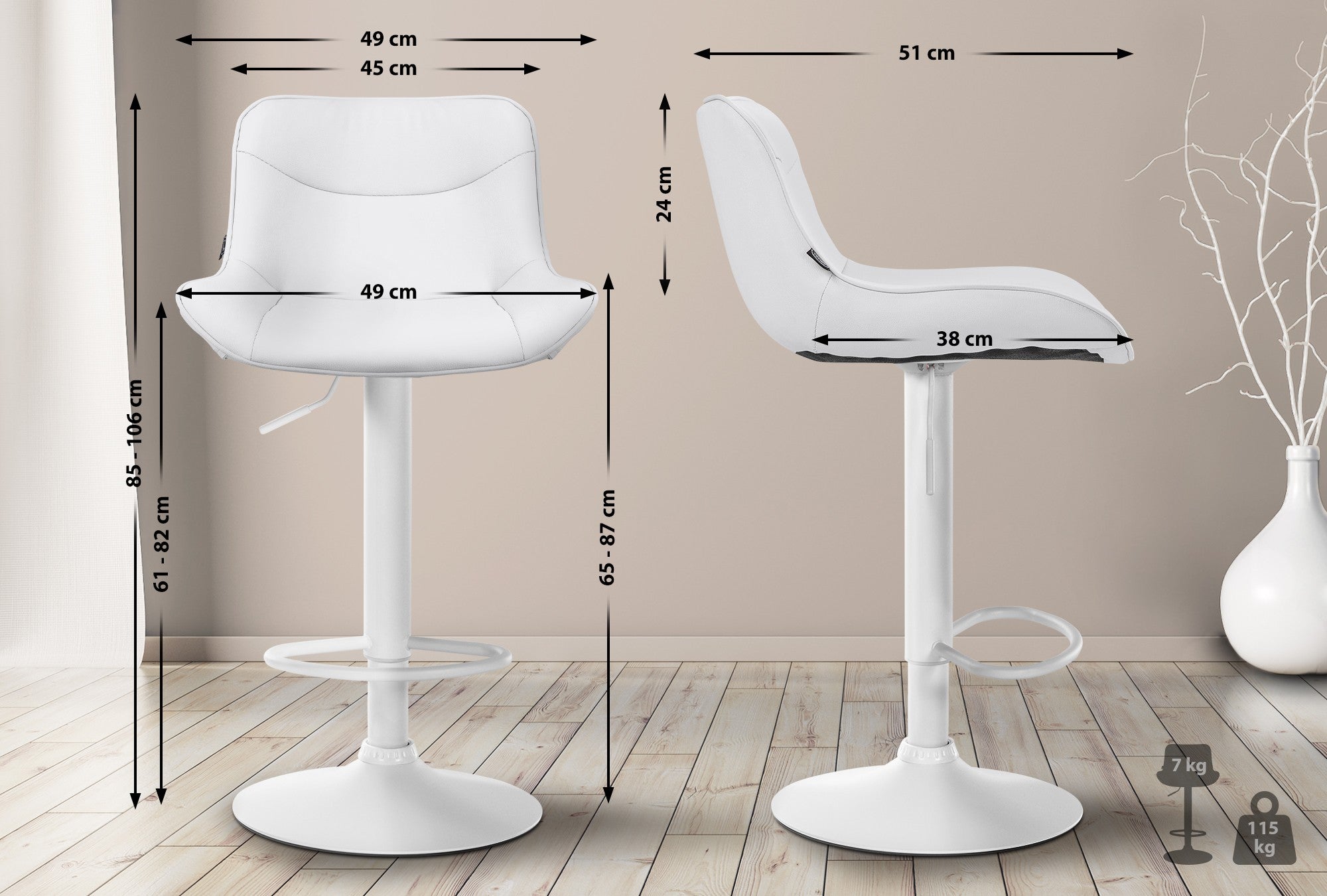 Set di 2 sgabelli da bar Vonore in similpelle bianca, regolabili, design moderno e funzionale per interni eleganti.