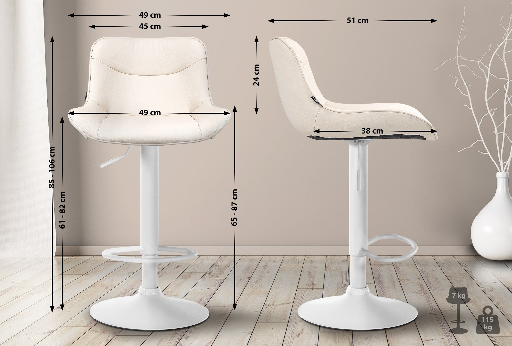 Set di 2 sgabelli da bar Vonore in similpelle bianca e crema, regolabili in altezza, design moderno e funzionale.