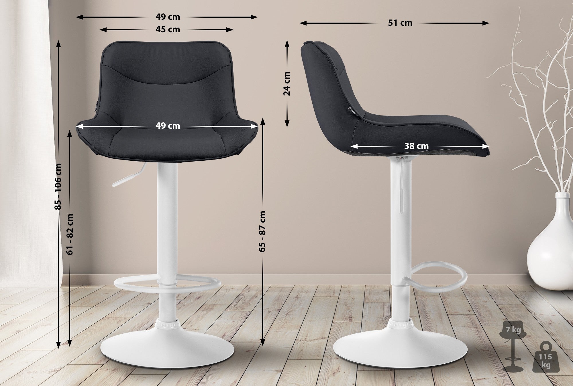 Set di 2 sgabelli da bar Vonore in similpelle bianca e nera, regolabili in altezza, design moderno e funzionale.