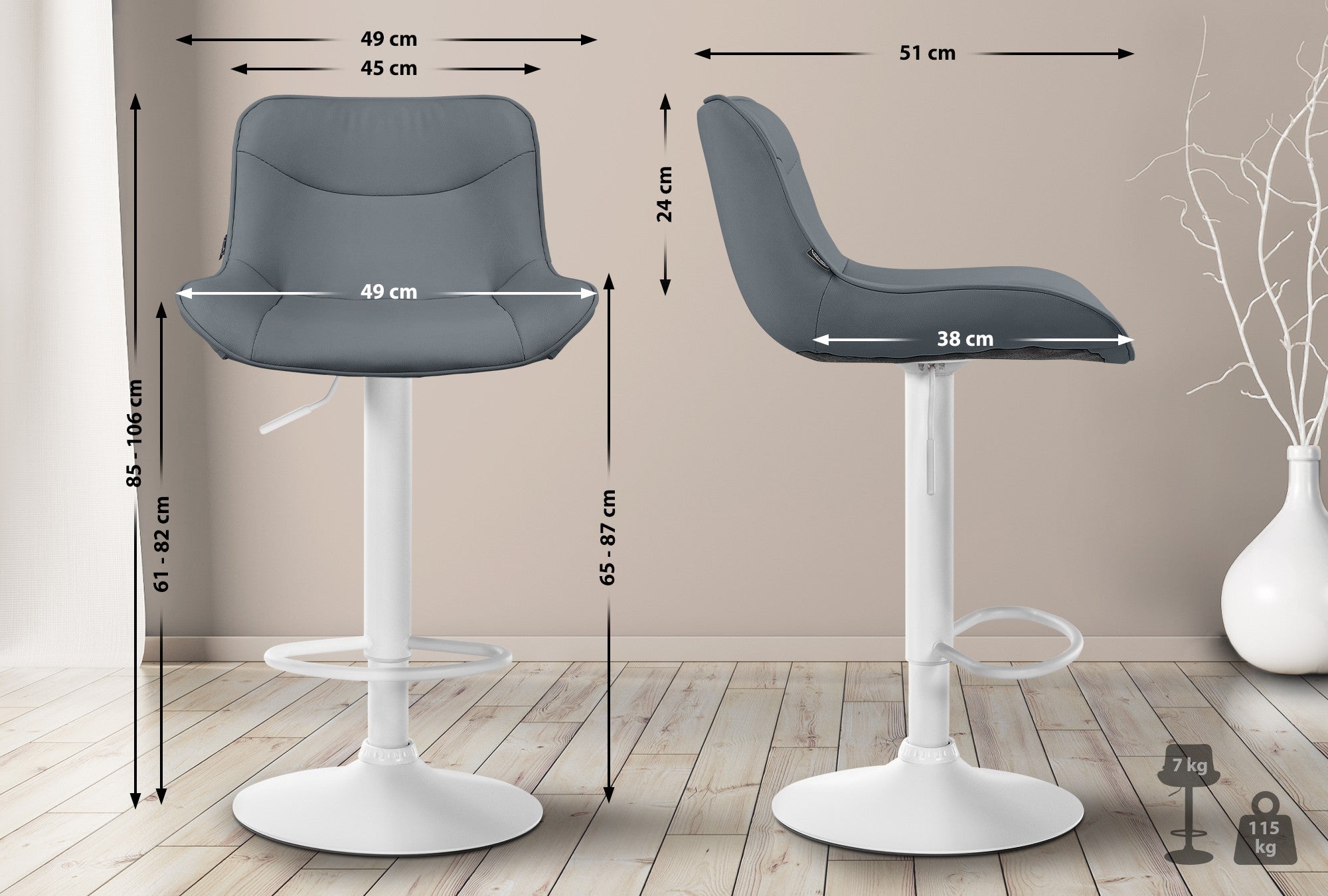 Set di 2 sgabelli da bar Vonore in similpelle bianca e grigia, regolabili e dal design moderno per ogni ambiente.
