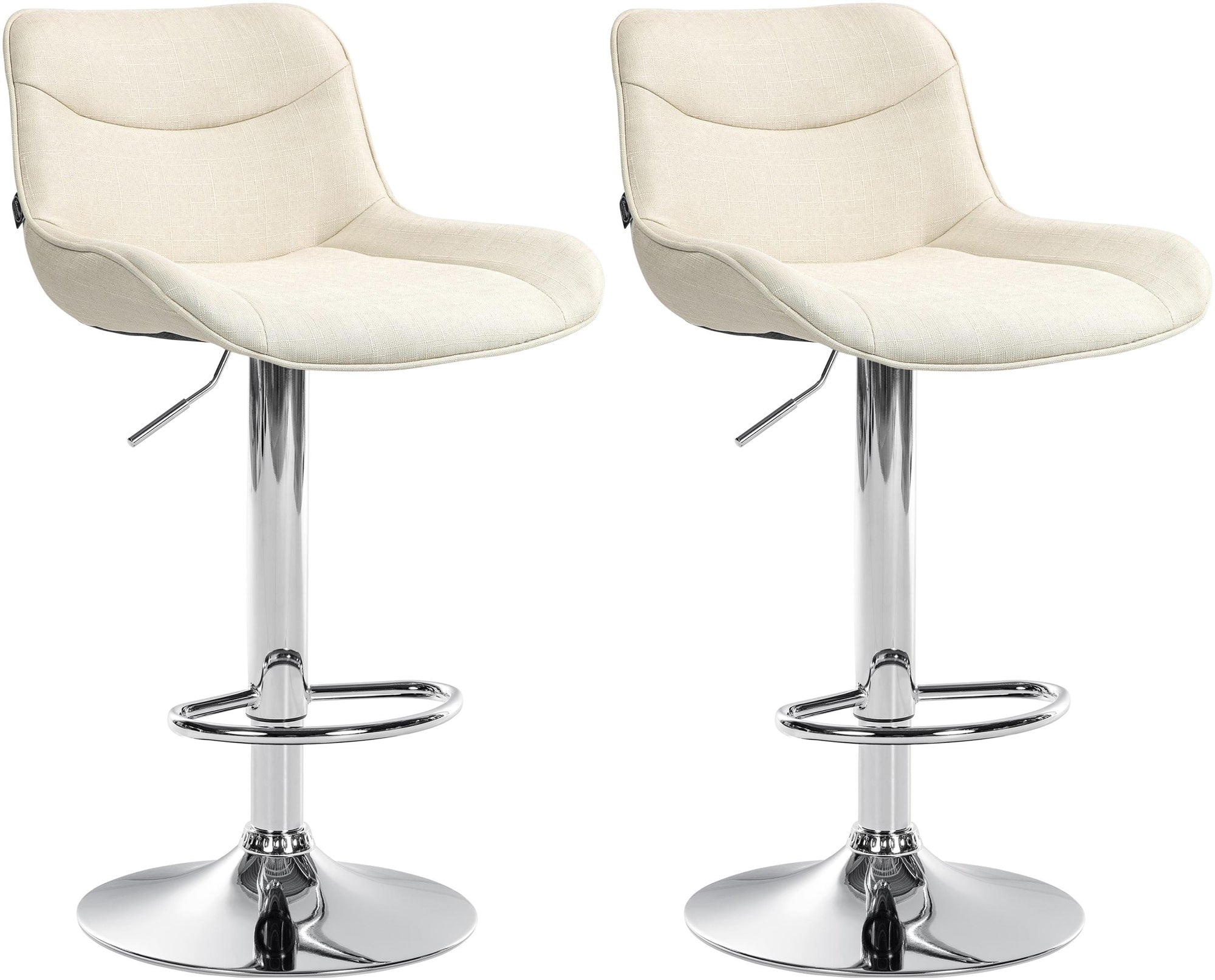 Set di 2 sgabelli da bar Vonore in tessuto crema con base cromata, regolabili in altezza e dal design moderno.