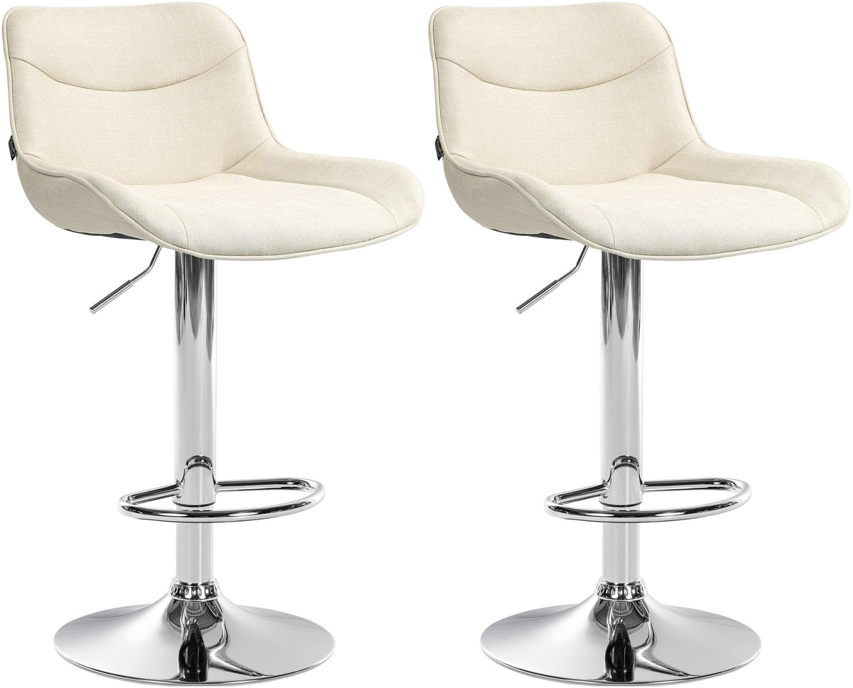 Set di 2 sgabelli da bar Vonore in tessuto crema con base cromata, regolabili in altezza e dal design moderno.