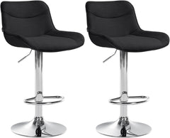 Set di 2 sgabelli da bar regolabili in altezza, in tessuto nero con base cromata, design moderno e funzionale.