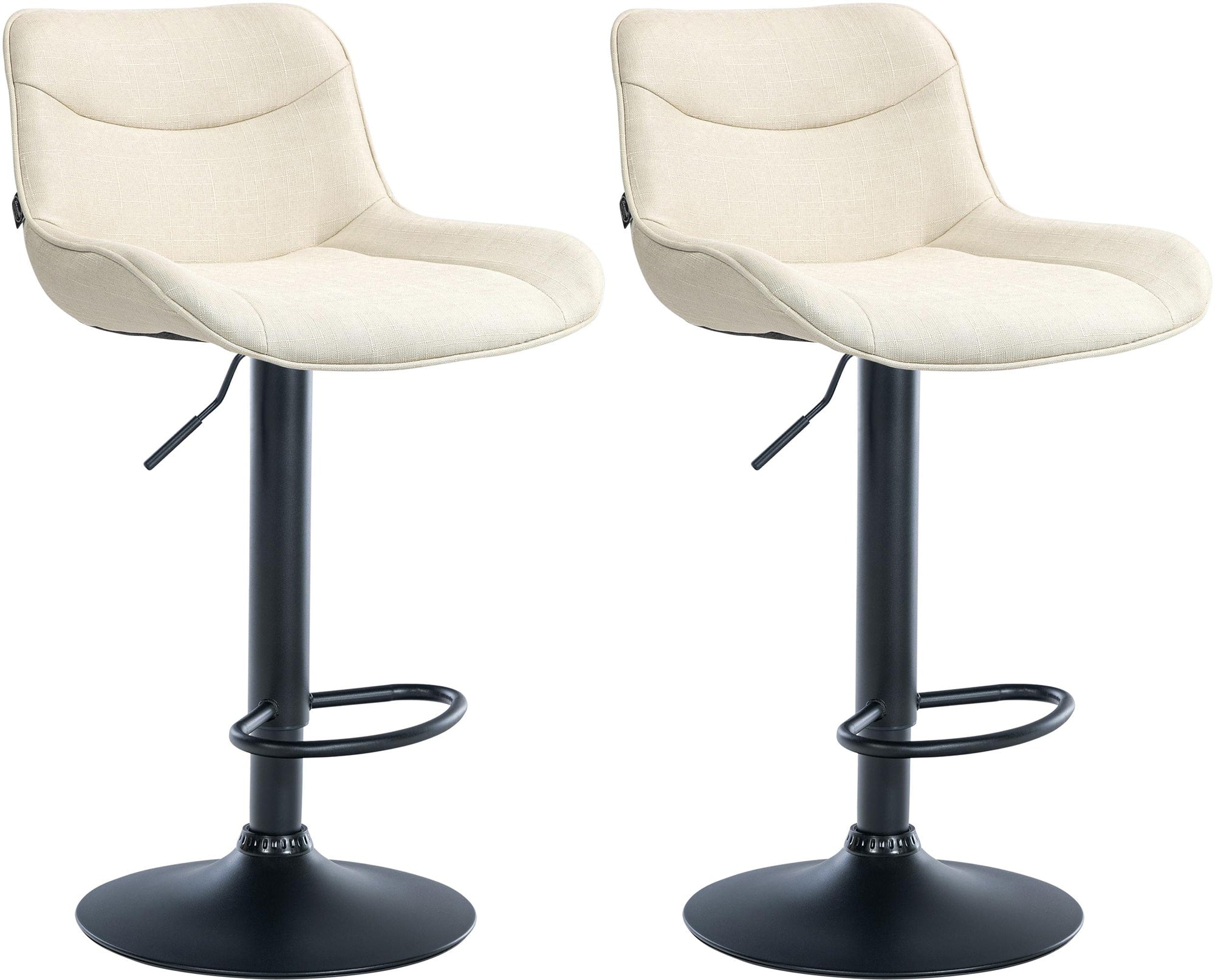 Set di 2 sgabelli da bar Vonore in tessuto nero e crema, regolabili in altezza, design moderno e funzionale.