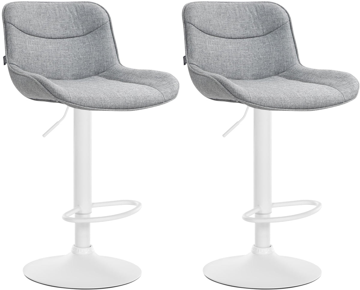 Set di 2 sgabelli da bar Vonore in tessuto grigio, regolabili in altezza, perfetti per un arredamento moderno e funzionale.