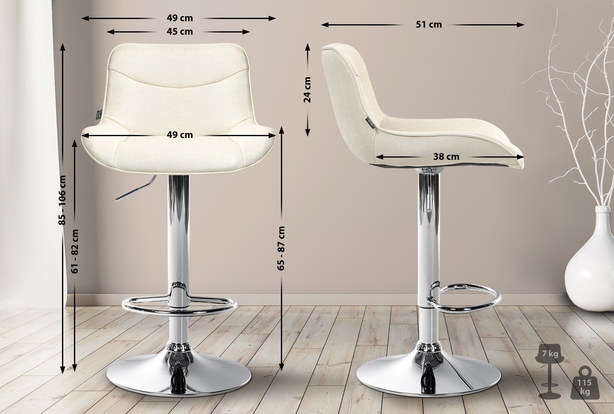 Set di 2 sgabelli da bar Vonore in tessuto crema con base cromata, regolabili in altezza e dal design moderno.